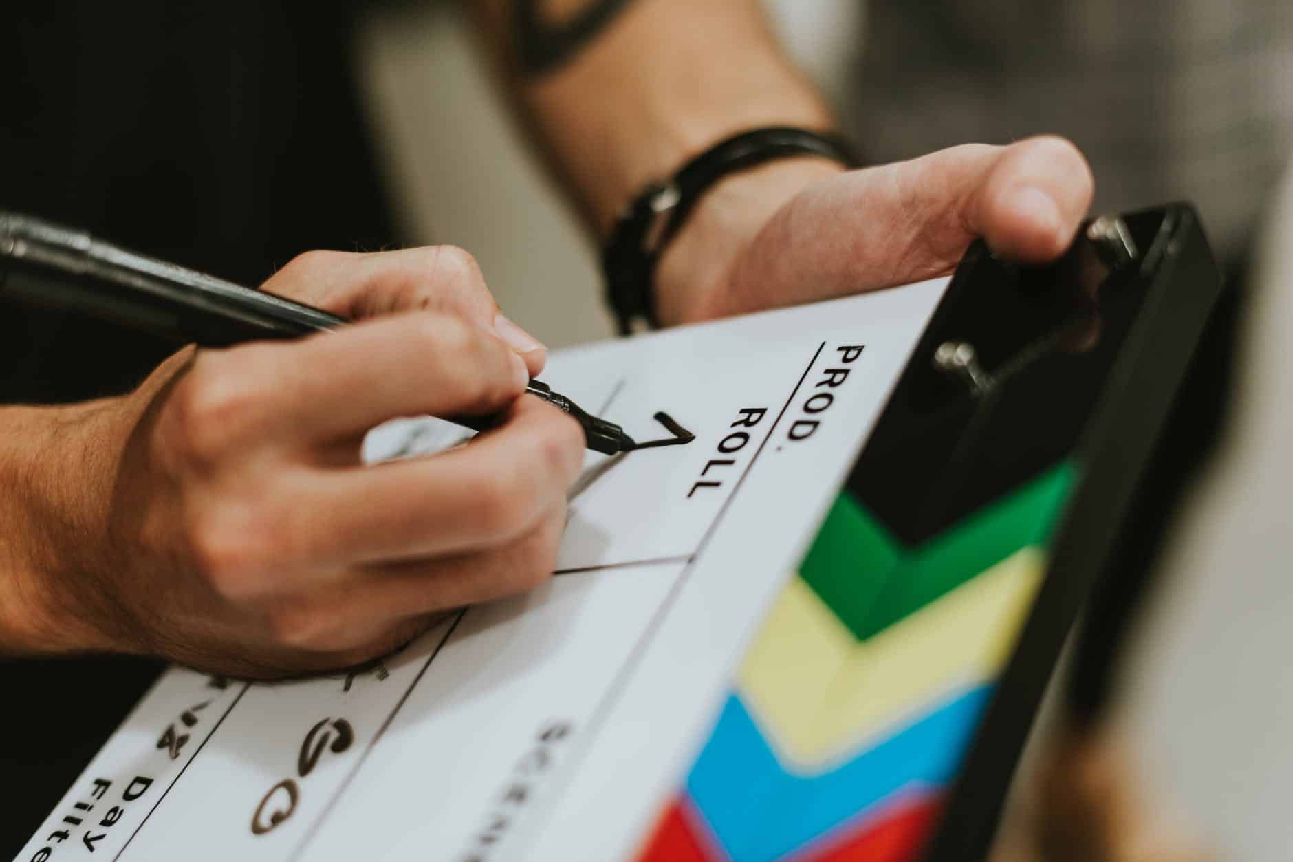 Clapperboard, slate, 1st AC, TV Studio production.