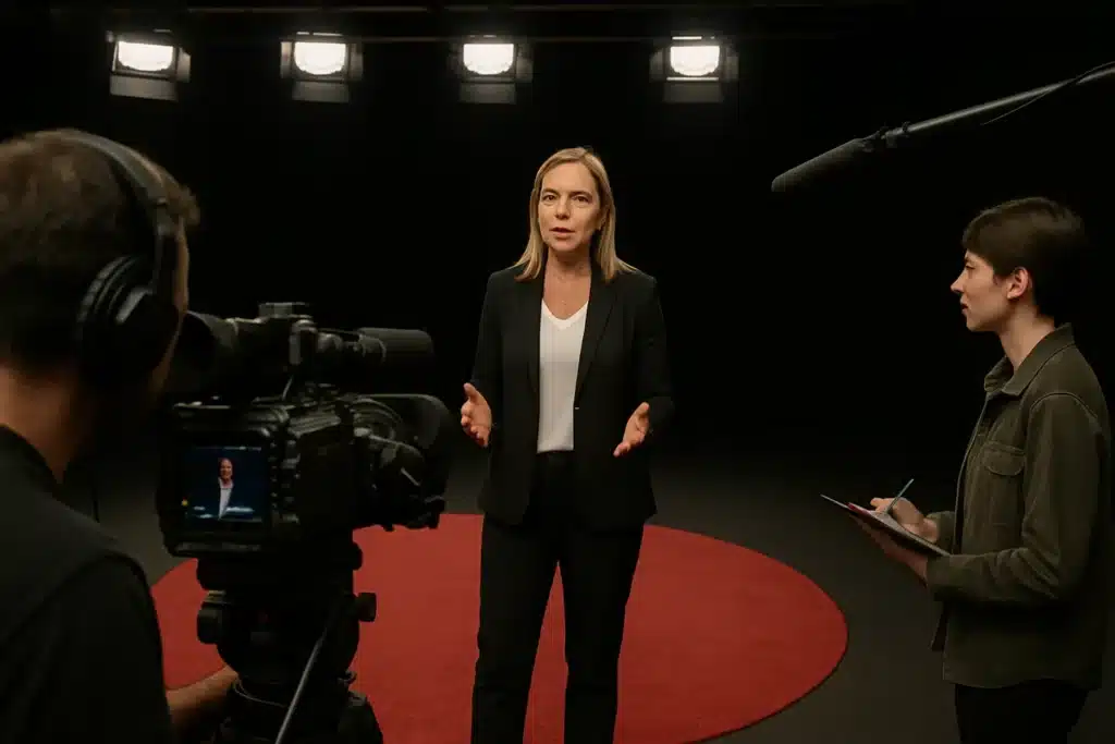Presenter standing in IQ Studiosโ London film studio, surrounded by professional camera, boom mic, and overhead lighting on a black backdrop
