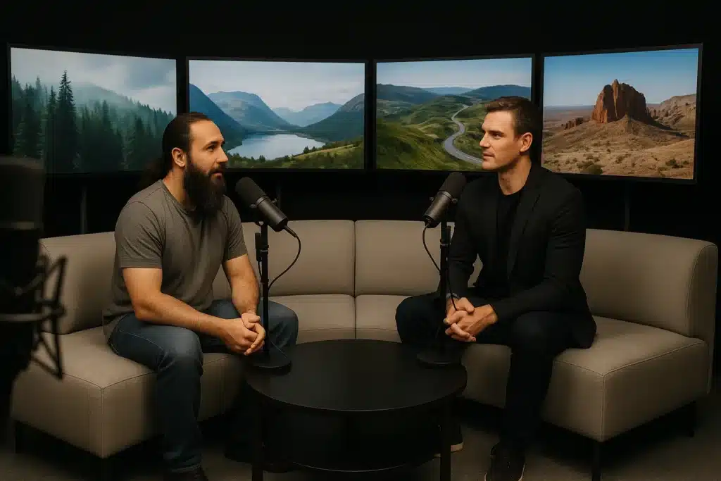 Two hosts seated on a curved sofa in IQ Studios’ London podcast studio—one with a beard and the other in a dark blazer—speaking into broadcast-grade microphones with multi-screen video walls behind them