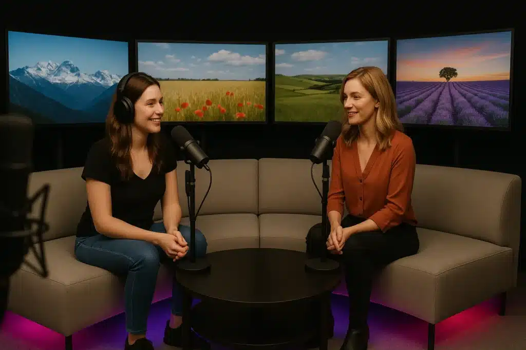 Two hosts seated on a curved sofa in IQ Studios’ London podcast studio, each speaking into a broadcast-grade microphone with multi-screen video walls behind them