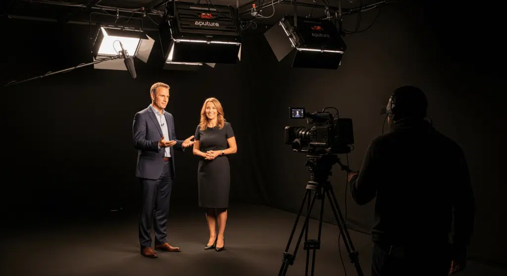 Corporate presenters filming in IQ Studiosโ professional London film studio โ two hosts standing under studio lights with a broadcast camera operator capturing high-quality video for branded content or internal communications.