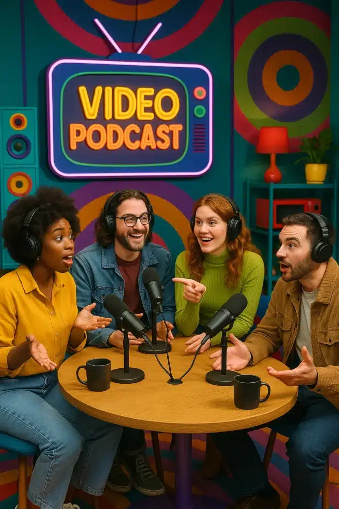 Professional video podcast recording session at IQ Studios’ London podcast studio – four presenters wearing headphones and speaking into broadcast-quality microphones in a vibrant, fully equipped studio environment.