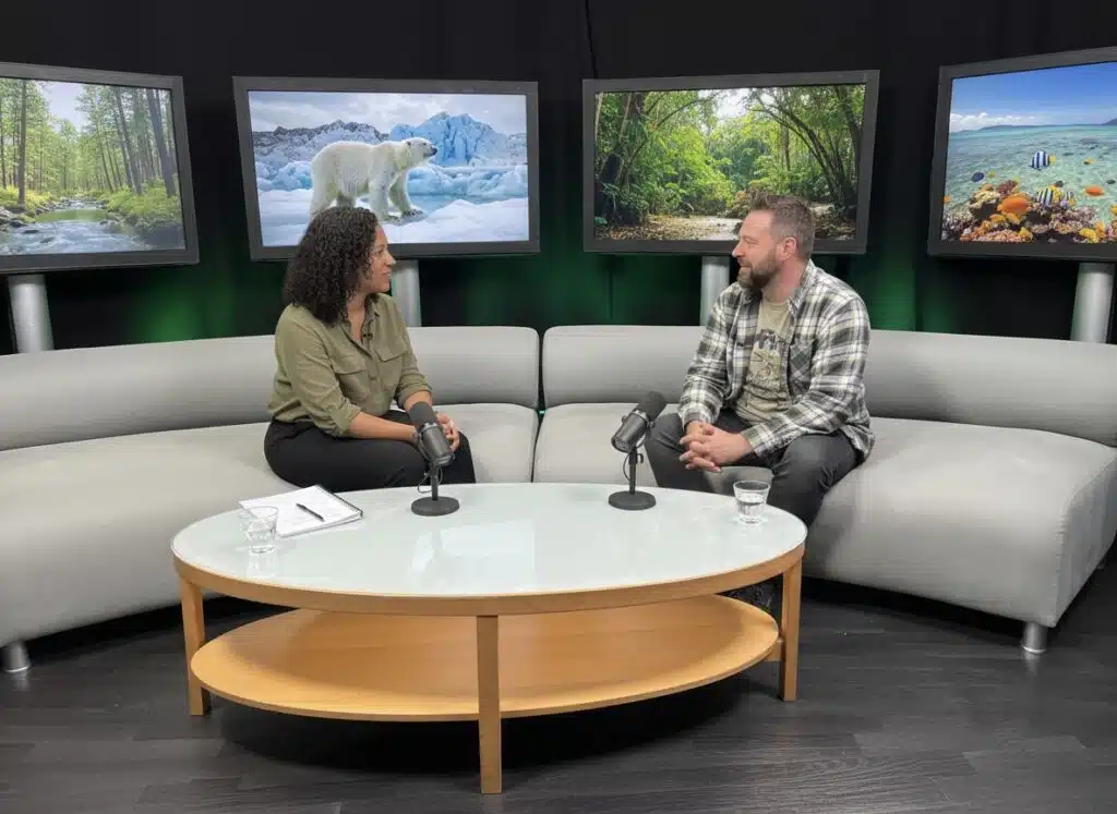Two presenters seated on a curved sofa in IQ Studios’ London podcast studio, each speaking into a broadcast-grade microphone with multi-screen video walls behind them